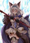  &gt;:) animal_ears armor armored_dress bangs blush braid breasts brown_eyes cape cat_ears cleavage closed_mouth commentary_request cowboy_shot dress erune granblue_fantasy hair_between_eyes hair_intakes hair_tubes hairband heles highres holding holding_weapon indo_(mdtanaka2007) long_hair looking_at_viewer medium_breasts short_dress silver_hair single_braid smile solo thighhighs v-shaped_eyebrows very_long_hair weapon white_dress 