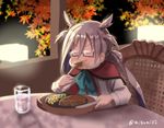  :d ahoge bow bowtie commentary_request cosplay eating food glasses grey_hair kantai_collection kiyoshimo_(kantai_collection) long_hair misumi_(niku-kyu) musashi_(kantai_collection) musashi_(kantai_collection)_(cosplay) open_mouth puffy_cheeks shirt skirt smile steak twintails v-shaped_eyebrows very_long_hair white_shirt 