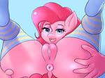  2017 absurd_res anthro anthrofied anus blue_eyes clothing dock earth_pony equine eyelashes female friendship_is_magic hair hi_res horse legwear looking_at_viewer mammal my_little_pony open_mouth pink_hair pinkie_pie_(mlp) pony pussy solo striped_legwear stripes twistedscarlett60 