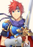  armor blue_armor blue_eyes cape fire_emblem fire_emblem:_fuuin_no_tsurugi headband looking_at_viewer male_focus red_hair roy_(fire_emblem) smile solo sword weapon yappen 