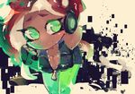  :/ azu_(acha2223) bare_shoulders breasts cleavage closed_mouth commentary dark_skin fingerless_gloves gloves green_eyes green_legwear hand_on_hip hand_up headphones iida_(splatoon) leaning_forward long_hair looking_at_viewer mole mole_under_mouth multicolored_hair octarian paint_splatter pantyhose red_hair shorts solo splatoon_(series) splatoon_2 standing suction_cups tentacle_hair unzipped vest zipper zipper_pull_tab 