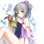  breasts brown_eyes closers coconut covered_navel empty_eyes expressionless grey_hair hair_ornament hair_scrunchie looking_at_viewer nail_polish official_art one-piece_swimsuit open_mouth pink_nails ponytail scrunchie small_breasts solo swimsuit tekaru tina_(closers) transparent_background watch water_drop wet wet_hair wristwatch 