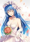  ^_^ bare_shoulders bison_cangshu blue_hair bouquet breasts bridal_veil closed_eyes dress elbow_gloves eyebrows_visible_through_hair flower gloves hair_flower hair_ornament jewelry long_hair medium_breasts necklace petals putting_on_jewelry quincy_(zhan_jian_shao_nyu) red_flower red_rose ring rose smile solo_focus veil wedding_dress white_dress white_gloves zhan_jian_shao_nyu 