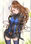  1girl alternate_costume arms_behind_back bangs bangsiart beatrix_(granblue_fantasy) belt black_gloves blue_ribbon blush breasts brown_eyes brown_hair closed_mouth collarbone curtains eyebrows_visible_through_hair gloves granblue_fantasy hair_ribbon high_ponytail highres hinahino indoors large_breasts long_hair looking_at_viewer pauldrons ponytail ribbon smile solo swept_bangs thighhighs 