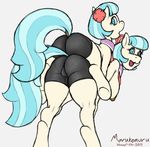 2017 anthro areola bike_shorts breasts butt clothed clothing coco_pommel_(mlp) collar duo earth_pony equine female feral friendship_is_magic hair horse looking_at_viewer looking_back mammal marukomuru multicolored_hair my_little_pony nipples open_mouth pony presenting presenting_hindquarters shorts side_boob sketch topless two_tone_hair 