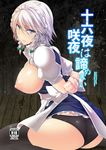  absurdres apron arms_behind_back ass bad_id bad_pixiv_id bdsm black_legwear black_panties blue_eyes blush bondage bound bound_arms braid breasts breasts_outside clenched_hands cover cover_page doujin_cover highres izayoi_sakuya large_breasts looking_at_viewer maid_apron maid_headdress nipples open_mouth panties short_hair short_sleeves silver_hair solo thighhighs touhou twin_braids underwear wooden_floor yamaiso 