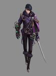  androgynous belt black_hair black_pants boots brown_footwear cape chain earrings full_body fur_trim gauntlets grey_background highres jewelry kit_park looking_at_viewer necromancer o-ring original pants pendant pouch purple_cape purple_eyes solo standing sword test_tube weapon 