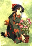  black_hair flower flower_pot full_body green_background highres ishida_atsuko japanese_clothes kimono kneeling long_sleeves looking_at_viewer original sandals sidelocks solo 