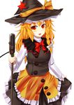  azusa_(cookie) black_hat blonde_hair blush bow cookie_(touhou) eyebrows_visible_through_hair hat hat_ribbon highres holding holding_microphone kirisame_marisa long_hair looking_at_viewer microphone microphone_stand parted_lips red_bow ribbon smile solo szk touhou witch_hat yellow_eyes yellow_ribbon 