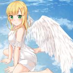  angel_wings arm_garter bare_shoulders barefoot blonde_hair blush cloud collarbone day dress eighth_note green_eyes hands_on_ground kumatsugawa long_hair looking_at_viewer musical_note musical_note_hair_ornament original reflection ripples ruby_(stone) sitting sitting_on_water smile solo wariza white_dress wings 