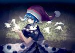  ainy77 bare_arms bird black_capelet blue_eyes blue_hair capelet commentary_request doremy_sweet dress frilled_dress frills hat highres nightcap pom_pom_(clothes) solo touhou upper_body white_dress 