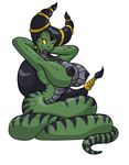  anthro big_breasts black_hair black_nipples black_tongue breasts female forked_tongue green_body green_scales hair hands_behind_head lamia long_hair long_tongue looking_at_viewer lordstevie mythology nipples nude plain_background reptile scalie slit_pupils snake stripes tongue tongue_out white_background 
