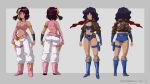  2girls 80s absurdres arina_(game_grumps) ass baggy_pants boots breasts character_profile character_sheet cleavage commentary concept_art curly_hair danielle_(game_grumps) david_liu detached_sleeves english_commentary flat_ass full_body game_grumps headband highres holster jacket large_breasts leather leather_jacket long_hair medium_breasts multicolored_hair multiple_girls multiple_views oldschool pants pink_sleeves red_scarf scarf short_shorts shorts streaked_hair thigh_holster thigh_strap turnaround 