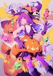  1girl bad_id bad_twitter_id candy closed_mouth eyebrows_visible_through_hair feet_out_of_frame food ghost gloves hand_up hat highres jack-o&#039;-lantern jack-o'-lantern lee_hyeseung long_hair looking_at_viewer original pantyhose pink_legwear pumpkin purple_gloves purple_hair purple_hat red_eyes skull smile solo witch_hat 