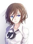  black_ribbon blue_eyes breasts brown_hair close-up closed_mouth commentary dress_shirt expressionless highres looking_away medium_breasts neck_ribbon original ribbon school_uniform shadow shirt short_hair simple_background sketch solo sugi_214 white_background white_shirt 