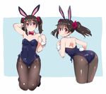  animal_ears ass bare_shoulders black_footwear black_hair black_legwear breasts bunny_ears bunnysuit cleavage commentary cropped_legs hair_between_eyes kurokawa_makoto leaning_forward leotard looking_at_viewer love_live! love_live!_school_idol_project multiple_views pantyhose red_eyes shoes small_breasts smile thigh_gap twintails wrist_cuffs yazawa_nico 