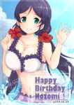  absurdres bikini blush breasts character_name cleavage collarbone dated day eyebrows_visible_through_hair flower frilled_bikini_top frills green_eyes hair_flower hair_ornament happy_birthday hibiscus highres lace lace-trimmed_bikini large_breasts long_hair looking_at_viewer love_live! love_live!_school_idol_project low_twintails navel parted_lips purple_hair signature sky smile solo swimsuit teeth toujou_nozomi twintails wading watatsumi_(wt23cttn) water waving wet 