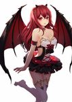  absurdres bare_shoulders blush breasts cleavage hair_ornament highres horns large_breasts long_hair looking_at_viewer mellozzo original parted_lips red_eyes red_hair smile solo thighhighs white_legwear wings 