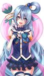  aqua_(konosuba) artist_name blue_eyes blue_hair blush breasts dated eyebrows_visible_through_hair highres holding holding_staff kono_subarashii_sekai_ni_shukufuku_wo! large_breasts long_hair looking_at_viewer mellozzo parted_lips smile solo staff teeth thighhighs white_legwear 