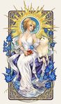  animal blonde_hair book commentary dog dress final_fantasy final_fantasy_xv hagoromo highres jewelry looking_at_another lunafreya_nox_fleuret necklace nijuuni parted_lips pryna_(ff15) shawl sitting smile white_dress 