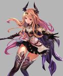  armor black_gloves black_skirt breasts brown_hair closed_mouth dark_angel_olivia derivative_work eyebrows_visible_through_hair gloves horns large_breasts long_hair looking_at_viewer mellozzo pleated_skirt red_eyes shadowverse shingeki_no_bahamut skirt smile solo 