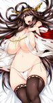  absurdres bare_shoulders black_legwear bow bow_panties breasts brown_hair cameltoe cleavage collarbone cowboy_shot curvy dakimakura groin highres huge_breasts kantai_collection kongou_(kantai_collection) long_hair lying midriff navel no_bra nontraditional_miko on_back on_bed panties shiny shiny_hair shiny_skin side-tie_panties smile solo stomach thighhighs tsukasawa_takamatsu underwear white_panties wide_hips 