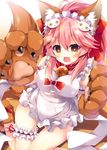  :d animal_ears apron arm_garter bangs bell bell_collar blush bow breasts bright_pupils cat_hair_ornament claws collar eyebrows_visible_through_hair fangs fate/grand_order fate_(series) fox_ears fox_tail frilled_apron frills from_above hair_between_eyes hair_ornament hair_ribbon hands_up jingle_bell knees_together_feet_apart large_breasts leg_garter long_hair looking_at_viewer maid_headdress nanamomo_rio on_floor open_mouth paws pink_hair pocket red_bow red_collar red_ribbon ribbon shadow shiny shiny_hair smile solo tail tamamo_(fate)_(all) tamamo_cat_(fate) white_apron wooden_floor yellow_eyes 