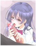  1boy 1girl areolae blue_hair breasts brown_eyes censored drooling frapowa heart heart_censor holding_penis large_penis licking long_hair love_live! love_live!_school_idol_project open_mouth penis penis_licking precum saliva school_uniform sonoda_umi tears tongue tongue_out 