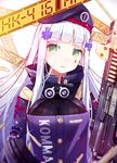  assault_rifle blush breasts eyebrows_visible_through_hair girls_frontline green_eyes gun heckler_&amp;_koch highres hk416 hk416_(girls_frontline) holding holding_gun holding_weapon large_breasts long_hair looking_at_viewer military parted_lips pot-palm rifle solo upper_body weapon white_hair 