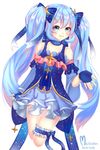 2016 absurdres artist_name blue_bow blue_eyes blue_gloves blue_hair blush bow closed_mouth collarbone constellation_print dated detached_sleeves fingerless_gloves garters gloves hair_bow hair_ornament hairclip hatsune_miku highres long_hair long_sleeves looking_at_viewer mellozzo ribbon simple_background smile solo star star_hair_ornament star_night_snow_(vocaloid) striped striped_ribbon treble_clef twintails vocaloid white_background yuki_miku yuki_miku_(2017) 