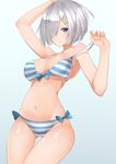  ass_visible_through_thighs bikini blue_eyes breasts cleavage cowboy_shot front-tie_top hair_over_one_eye hamakaze_(kantai_collection) hechi_(hechi322) kantai_collection large_breasts looking_at_viewer navel short_hair side-tie_bikini silver_hair simple_background solo striped striped_bikini swimsuit white_background 