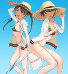  asymmetrical_bikini bag blue_background closed_umbrella embarrassed gradient gradient_background green_eyes green_hair h_k_white hat jacket kantai_collection long_hair matching_outfit mikuma_(kantai_collection) mitsukoshi_(department_store) mogami_(kantai_collection) multiple_girls one_eye_closed shopping_bag short_hair sun_hat twintails umbrella wavy_mouth white_jacket 