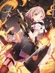  black_gloves black_legwear blush brown_hair explosion eyebrows_visible_through_hair fire girls_frontline gloves gun holding holding_gun holding_weapon kriss_vector looking_at_viewer pot-palm puffy_short_sleeves puffy_sleeves reloading short_hair short_sleeves smoke solo submachine_gun thighhighs vector_(girls_frontline) weapon yellow_eyes 