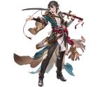  belt blue_eyes brown_hair cain_(granblue_fantasy) full_body granblue_fantasy gun male_focus minaba_hideo official_art one_eye_closed open_mouth solo sword teeth transparent_background weapon 