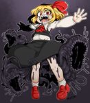  1girl ascot black_legwear blonde_hair darkness evil ex-rumia female glowing glowing_eyes hair_ribbon open_mouth outstretched_arms red_eyes ribbon rumia sharp_teeth short_hair solo spread_arms teeth tetugakuzonbi the_embodiment_of_scarlet_devil touhou youkai 