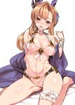  barefoot bikini blush breasts brown_eyes brown_hair cleavage commentary_request granblue_fantasy hair_ornament harigane_shinshi highres large_breasts leg_garter long_hair looking_at_viewer navel nipples open_mouth pussy see-through simple_background sitting sketch smile solo song_(granblue_fantasy) swimsuit white_background white_bikini 