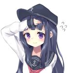  3: akatsuki_(kantai_collection) alternate_hairstyle anchor_symbol arm_behind_back badge bangs black_hat black_sailor_collar blouse blunt_bangs blush commentary_request flat_cap flat_chest flying_sweatdrops hamaru_(s5625t) hand_on_own_forehead hat kantai_collection long_hair looking_at_viewer neckerchief purple_eyes purple_hair red_neckwear sailor_collar school_uniform serafuku sidelocks simple_background sleeves_past_wrists solo tsurime upper_body wavy_mouth white_background white_blouse 
