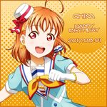  :d ahoge anibache aozora_jumping_heart bangs blush border bow character_name collarbone dated earrings eyebrows_visible_through_hair gloves hair_ornament happy_birthday hat hat_bow hat_ribbon jewelry looking_at_viewer love_live! love_live!_sunshine!! neckerchief open_mouth orange_background orange_border orange_hair red_bow red_eyes red_ribbon ribbon short_hair short_sleeves smile solo star star_hair_ornament takami_chika upper_body white_gloves white_hat yellow_neckwear 