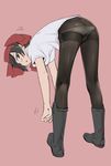  aohashi_ame ass bangs bent_over black_footwear black_hair black_legwear boots bow dress_shirt from_behind full_body girls_und_panzer girls_und_panzer_ribbon_no_musha hair_bow hair_ribbon looking_at_viewer looking_back mole mole_under_eye no_pants panties panties_under_pantyhose pantyhose parted_lips pink_background red_eyes ribbon school_uniform shirt short_hair short_sleeves side-tie_panties simple_background solo standing thighband_pantyhose tsuruki_shizuka underwear white_shirt 