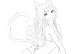  animal_ears arched_back ass bangs bikini blue_eyes breasts cat_ears cat_girl cat_tail cleavage commentary long_hair looking_at_viewer medium_breasts monochrome original sketch smile solo spot_color sugi_214 swimsuit tail upper_body 