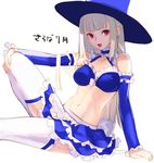  :d breasts capcom_fighting_jam detached_sleeves grey_hair hat highres ingrid knee_up long_hair medium_breasts midnight_bliss open_mouth red_eyes simple_background sitting smile solo tetsu_(kimuchi) thighhighs white_background white_legwear 