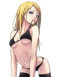 arched_back bare_arms bare_shoulders bikini black_bikini blonde_hair blue_eyes breasts commentary_request cowboy_shot earrings highres jewelry long_hair looking_at_viewer medium_breasts navel o-ring o-ring_bikini original piercing simple_background solo string_in_mouth sugi_214 swimsuit thighhighs white_background 
