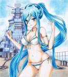  aoki_hagane_no_arpeggio bikini blue_eyes blue_hair breasts cowboy_shot food frilled_bikini frills graphite_(medium) groin hair_between_eyes highres iroha_(nullpo) long_hair marker_(medium) mechanical_pencil medium_breasts mole mole_under_mouth navel pencil ponytail popsicle ship side-tie_bikini solo swimsuit takao_(aoki_hagane_no_arpeggio) traditional_media very_long_hair watercolor_pencil_(medium) watercraft white_bikini 