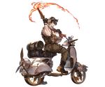  back barowa beard belt boots brown_eyes brown_hair draph facial_hair fire full_body gloves goggles goggles_on_headwear granblue_fantasy ground_vehicle gun hat horns male_focus minaba_hideo motor_vehicle motorcycle official_art open_mouth sitting solo transparent_background weapon 
