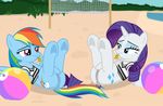  2017 anus beach butt clothed clothing cutie_mark duo equine eye_contact feathered_wings feathers female feral friendship_is_magic hair horn lying mammal multicolored_hair my_little_pony on_back pegasus pussy rainbow_dash_(mlp) rainbow_hair rarity_(mlp) sand seaside shutterflyeqd sky unicorn whistle wings 
