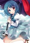  blue_eyes blue_hair blue_skirt blue_vest blush geta heterochromia holding holding_umbrella juliet_sleeves karakasa_obake long_sleeves puffy_sleeves red_eyes short_hair skirt smile solo tatara_kogasa tongue tongue_out touhou uguisu_mochi_(ykss35) umbrella vest 