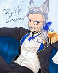  akunatta animal_ears blue_eyes bow bowtie couch epaulettes erune facial_hair gloves granblue_fantasy grey_hair long_hair low_ponytail male_focus monocle mustache sevastian_(granblue_fantasy) sitting solo 