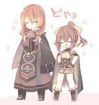  1girl bare_shoulders blonde_hair boots bow bracelet brother_and_sister brown_hair cape chibi closed_eyes dyute_(fire_emblem) fang fire_emblem fire_emblem_echoes:_mou_hitori_no_eiyuuou jewelry long_hair low_ponytail luthier_(fire_emblem) multicolored_hair multiple_girls open_mouth orange_hair ponytail siblings simple_background sparkle teu_(navy) two-tone_hair white_background 