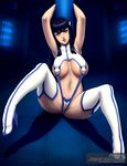  1girl absurdres akiru anus_peek areola_slip armpits arms_up artist_name bangs black_hair blue_eyes blunt_bangs breasts head_tilt high_heel_boots kill_la_kill kiryuuin_satsuki large_breasts lips long_hair looking_at_viewer navel on_floor parted_lips partially_visible_vulva pole revealing_clothes sitting sling_bikini solo spread_legs swimsuit thigh_boots thighs web_address white_boots 