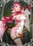  :d apt black_gloves black_legwear blush bow bowtie breasts cape cleavage commentary_request covered_navel cowboy_shot demon_girl demon_horns demon_tail dress elbow_gloves garter_straps gloves hat high_heels highres horns index_finger_raised large_breasts looking_at_viewer open_mouth original pink_dress pink_hair red_bow red_eyes red_neckwear short_hair single_thighhigh smile strapless strapless_dress tail thighhighs tube_dress 